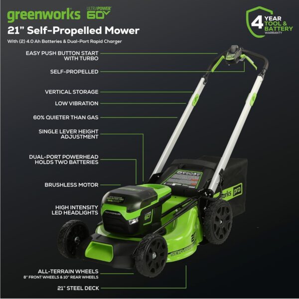 00d159ea73404bf48a66df8f1210c6ef 60V 21” Cordless (Self-Propelled) Lawn Mower , 2 x 4.0Ah Batteries and Dual Port Rapid Charger