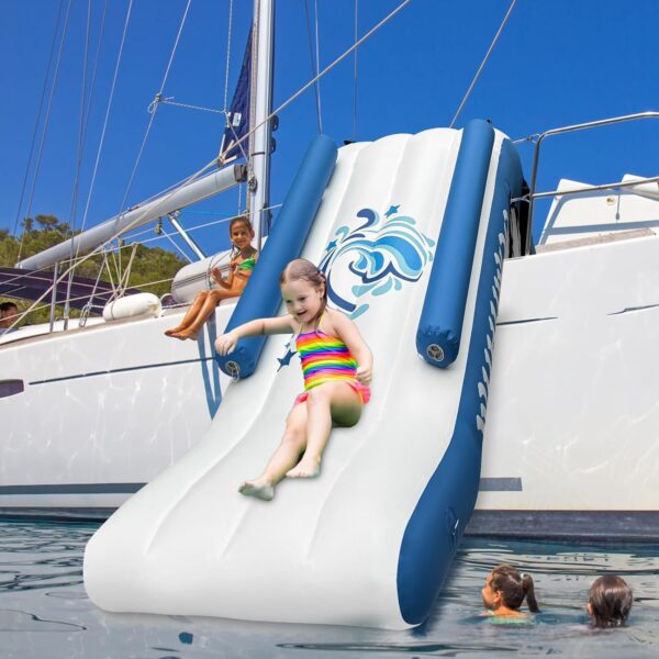 046AD575-DAC3-4B72-17AF-3F560EC155B1.jpg Pontoon Waterfall Slide. Inflatable Pontoon Boat Water Slide for Kids Backyard Pool Sea. Electric Air Pump & Storage Bag