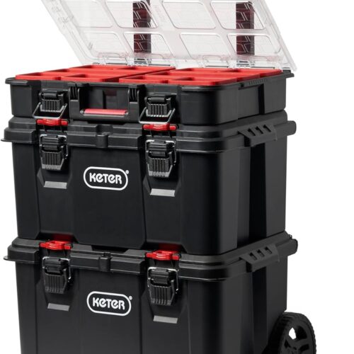 Keter Stack-n-Roll Modular Tools Organizer for Garage Storage and DIY. 3 Piece Resin Rolling Tool Box System for Small Parts