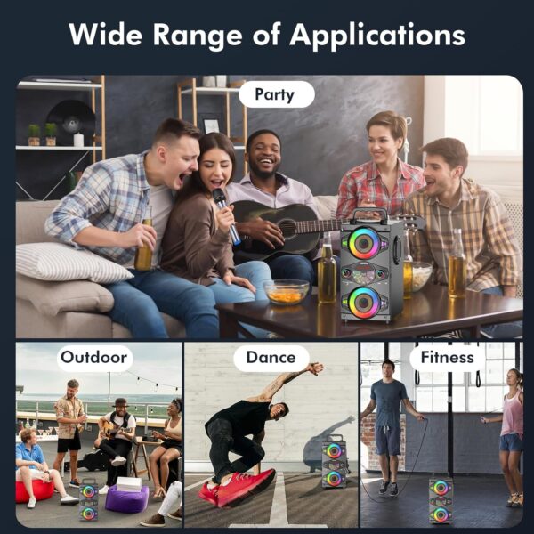 0B6B4923-6E62-0D13-80C9-ED1459A9121A.jpg Speakers. 60W Portable Wireless Loud Outdoor Home Party Bluetooth Speaker with Subwoofer. FM Radio. LED Colorful Lights. Microphone. Remote and Big Powerful Stereo Deep Bass Sound Boombox