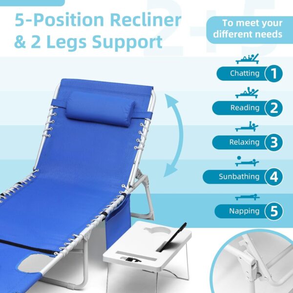 0C8AEAA8-D6CA-7663-DAD6-E753CDC84890.jpg 3-in-1 Outdoor Sun Tanning Lounge Chair with Face Hole – 5-Position Recliner. Folding Side Table & Removable Pillow. 330lbs Capacity. Blue