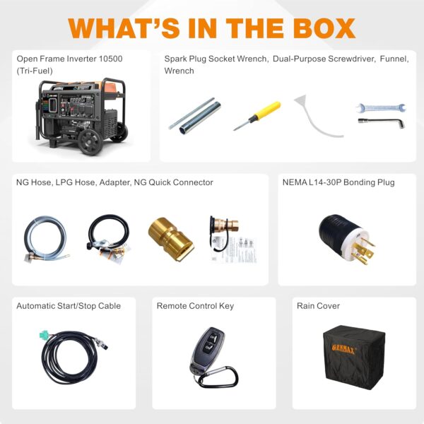 14122C58-E427-862D-2E3D-02564B8864A5.jpg GENMAX 10500 Peak Watt Tri Fuel Open Frame Inverter Generator.with ATS.Quiet Technology.CO Sensor.digital display and 50A.Ideal for Home backup.contruction site and RV Camping (GM10500XiT)