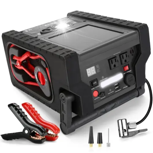 ZD-529 Solar Portable Power Station 2000 Amps Jump Starter. 260 PSI Air Compressor. 12V Car Battery Charger with 400W Inverter Dual AC/DC/USB Output. Emergency Backup Power with Flashlights