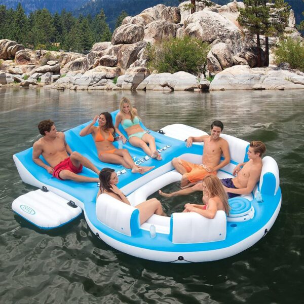 212CD3E2-8814-B7ED-1C5B-6B5564BAF4AF.jpg 56299EP 145 x 125 x 20 Inch Splash N Chill Inflatable Lake and Pool Relaxation Island Lounger Seat for up to 7 Adults. Blue and White