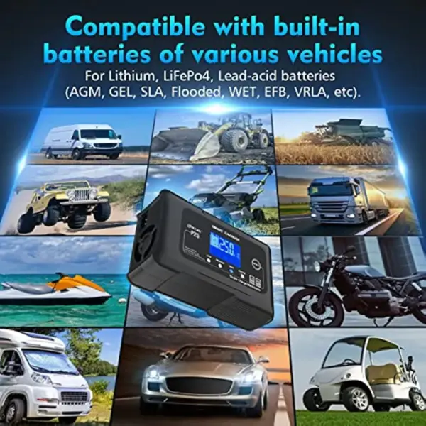 217BDE78-6AAC-798C-0A0F-6B42B607E970.webp 25-Amp Smart Battery Charger.Lithium.LiFePO4.Lead-Acid AGM/Gel/SLA.. Car Battery Charger.Trickle Charger. Maintainer/deep Cycle Charger.12V/25A and 24V/13A.for Motorcy.Boat.Lawn Mower.Golf cart..