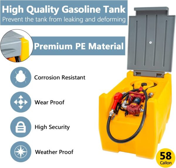 26611C38-3974-A39F-3E8C-1CA2EF8B0DC5.jpg TECSPACE 58 Gallon Gasoline Tank. Portable Fuel Tank with 12V Electric Fuel Transfer Pump. 40 GPM Gasoline Fuel Tank with 4 Meters Hose for Gasoline Transportation (Yellow. 58 gal)