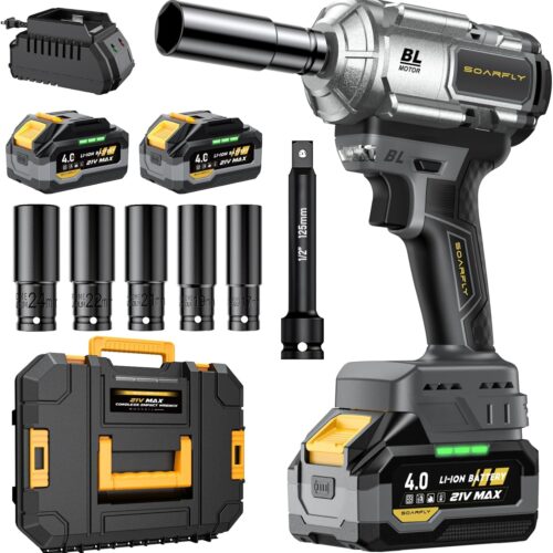 Cordless Impact Wrench. 1200Nm(900ft-lbs) High Torque 1/2'' Impact Wrench. 21V Brushless Electric Impact Gun with 2Pcs 4.0Ah Batteries. 1 Hour Fast Charger. 5 Sockets. Power Impact Driver for Car Home