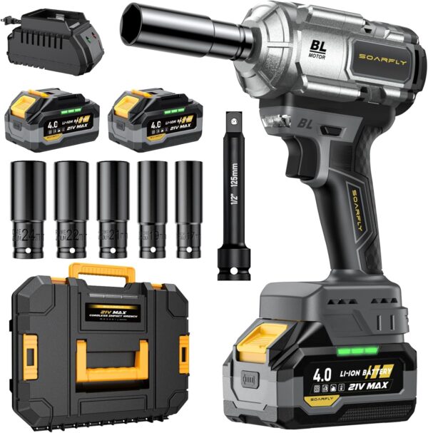 Cordless Impact Wrench. 1200Nm(900ft-lbs) High Torque 1/2'' Impact Wrench. 21V Brushless Electric Impact Gun with 2Pcs 4.0Ah Batteries. 1 Hour Fast Charger. 5 Sockets. Power Impact Driver for Car Home