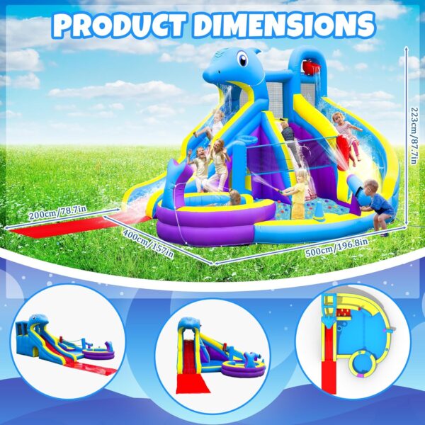 2ACF8783-13E9-BD76-F88F-F2A45ED95862.jpg 11-in-1 Inflatable Water Slide & Dolphin Bounce House w/2 Long Slides. 19.7 Ft x 13.1 Ft Extra Large Waterslide Climbing Wall w/Small Deeper Pool.Water Cannons.Hoop for Kids Backyard.550W Blower