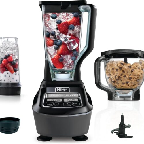 Ninja Blender. Mega Kitchen System. 1500W. 4 Functions for Smoothies. Processing. Dough. Drinks & More. with 72 Blender Pitcher. 64 Processor Bowl. 2 Nutri Cups + Lids. Black. BL770