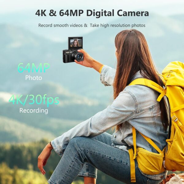 2F5EE062-C18F-4273-E8EC-EE2690ED361B.jpg 4K Digital Camera for Photography. 64MP Vlogging Camera for YouTube with 3" 180° Flip Screen. 18X Digital Zoom Point and Shoot Camara with 32GB Micro SD Card for Beginner (Black)