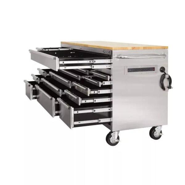 2acfd625a8794d64a02567065a33536d 72 in 18-Drawer 24 in. D Mobile Workbench with Solid Wood Top Stainless Steel
