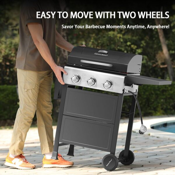 MASTER COOK 3 Burner BBQ Propane Gas Grill. Stainless Steel 30.000 BTU Patio Garden Barbecue Grill with Two Foldable Shelves
