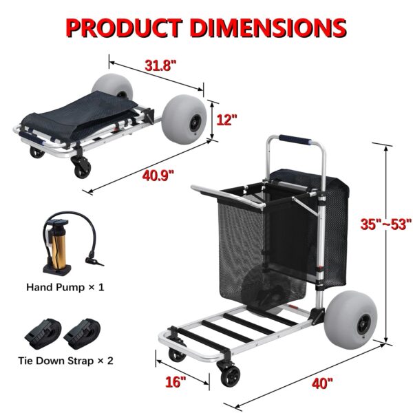 GDLF Foldable Beach Cart with Adjustable Handle and 12" Balloon Wheels. Heavy Duty Aluminum 220LBS Capacity