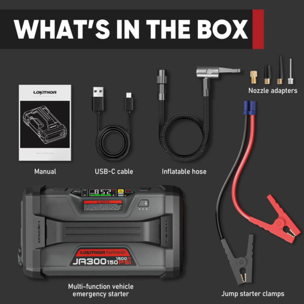 327E950D-7D1A-BF31-0DCB-6A46AB590669.jpg Starter with Air Compressor. 1500Amp 12V Portable Car Battery Booster Pack for Upto 7.0L Gas or 4.5L Diesel. 150 PSI Tire Inflator with Digital Screen. 24 Months Ultra-Long Standby
