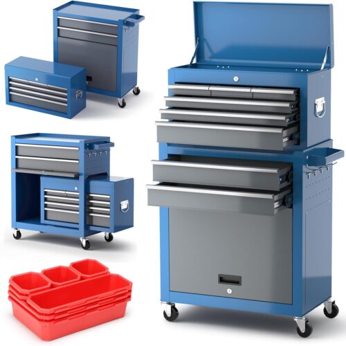 Tool Chest 8-Drawer | 42'' Large Rolling Tool Chest with Wheels | Detachable Top Metal Tool Box | Garage Storage Cabinet for Repair Room.Warehouse | Rolling Tool Box with Hooks.Liners.Tray Divider