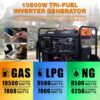 GENMAX 10500 Peak Watt Tri Fuel Open Frame Inverter Generator.with ATS.Quiet Technology.CO Sensor.digital display and 50A.Ideal for Home backup.contruction site and RV Camping (GM10500XiT)