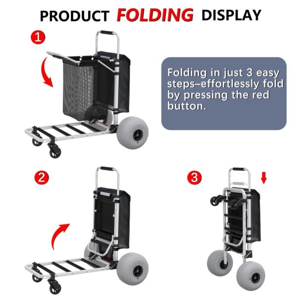 GDLF Foldable Beach Cart with Adjustable Handle and 12" Balloon Wheels. Heavy Duty Aluminum 220LBS Capacity