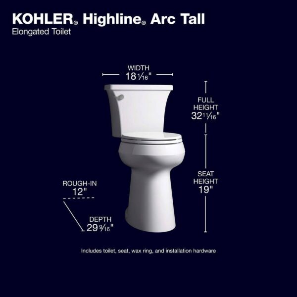 35D03929-6B5C-0808-5DE4-543FEEFEDEE5 KOHLER Extra Tall Highline Arc Complete Solution 2-piece 1.28 GPF Single Flush Elongated Toilet in White (Seat Included) 78305-0