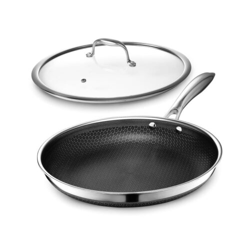 HexClad 12-Inch Hybrid Nonstick Fry Pan with Glass Lid, Oven & Dishwasher Safe, Silver