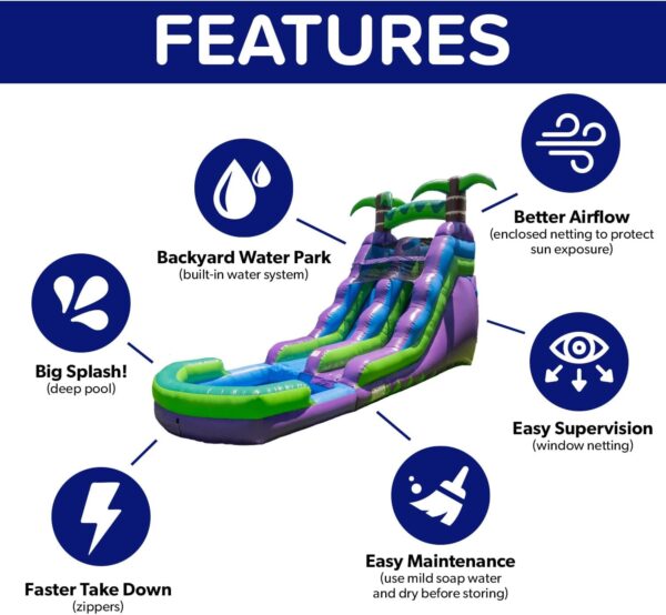 3E165209-2FDE-3830-2906-95907A2F999F.jpg HeroKiddo 16' Purple Tropical Lightweight Premium Commercial Grade Water Slide Inflatable with Attached Pool for Kids and Adults (with Blower). Wet Dry Use. Summer Fun