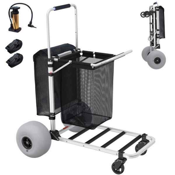 GDLF Foldable Beach Cart with Adjustable Handle and 12" Balloon Wheels. Heavy Duty Aluminum 220LBS Capacity