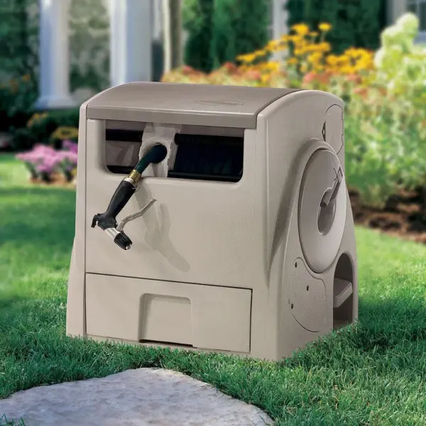 413B9C79-68E3-3491-D9B8-7947504C06FD.webp Suncast 100 ft. Powerwind Auto Power Rewind Hose Reel. Light Taupe