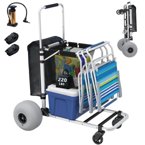 GDLF Foldable Beach Cart with Adjustable Handle and 12" Balloon Wheels. Heavy Duty Aluminum 220LBS Capacity