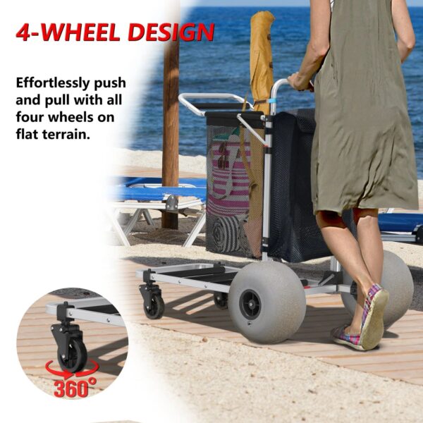 GDLF Foldable Beach Cart with Adjustable Handle and 12" Balloon Wheels. Heavy Duty Aluminum 220LBS Capacity