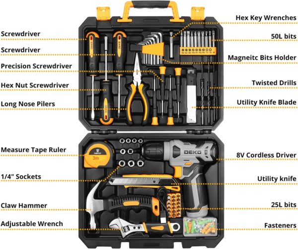 4261E63E-C9B3-26CB-38CE-044B6911692D.jpg DEKOPRO Tool Set:Tool Kit with 8V Cordless Drill.Tool Box with Drill.Hand Drill Set for Men & Women.Home Tool Kits for House Repair.Handyman.DIY 126 Piece