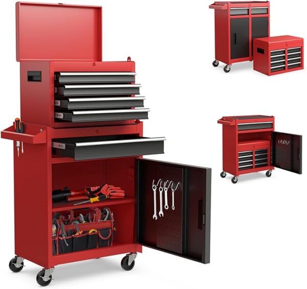 43B4E1DA-8F19-A95F-1FA7-33DF3D017307.jpg Goplus Rolling toolbox. 5-drawer toolbox organizer with lockable wheels and sliding drawers. removable top and adjustable shelves. garage workshop tool storage cabinet