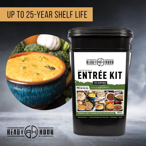 49F47979-701B-CF99-4983-D2F01F51F452.jpg Ready Hour. Emergency Meal Entrées. Real Non-Perishable Meals. 25-Year Shelf Life. Portable Flood-Safe Container. 120 Servings