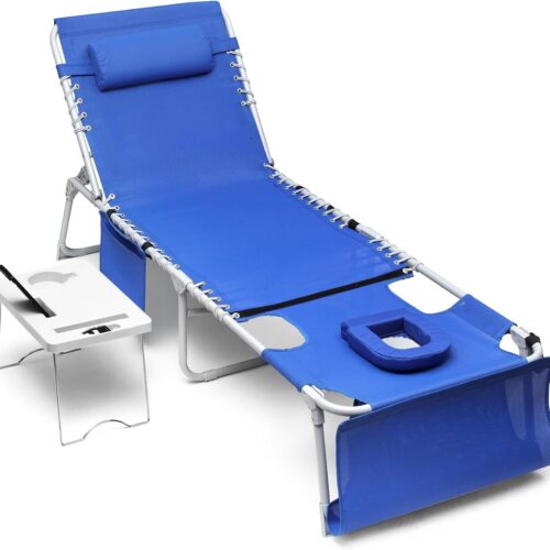 3-in-1 Outdoor Sun Tanning Lounge Chair with Face Hole – 5-Position Recliner. Folding Side Table & Removable Pillow. 330lbs Capacity. Blue
