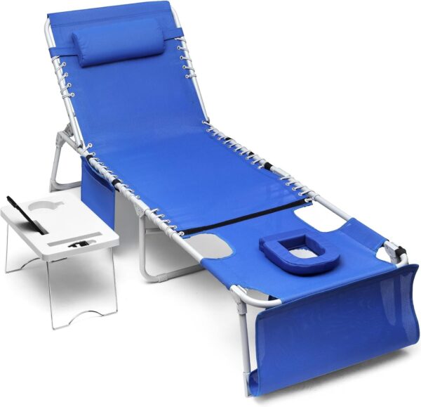 4A40F4D7-09ED-537B-6770-218E841E1BAB.jpg 3-in-1 Outdoor Sun Tanning Lounge Chair with Face Hole – 5-Position Recliner. Folding Side Table & Removable Pillow. 330lbs Capacity. Blue