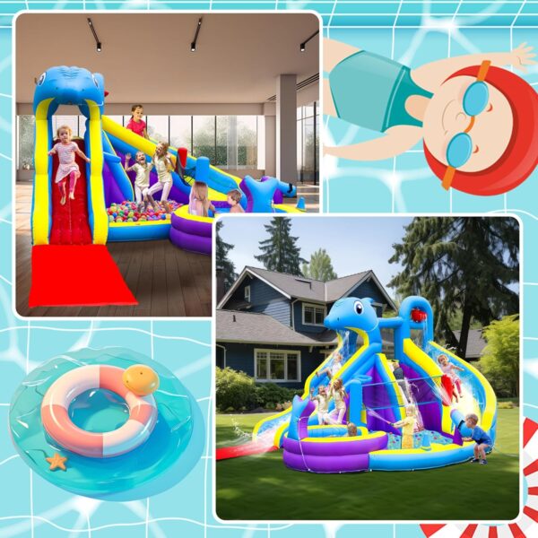 4A4A9C32-1E01-4E3F-3FE0-45E45E1CE867.jpg 11-in-1 Inflatable Water Slide & Dolphin Bounce House w/2 Long Slides. 19.7 Ft x 13.1 Ft Extra Large Waterslide Climbing Wall w/Small Deeper Pool.Water Cannons.Hoop for Kids Backyard.550W Blower