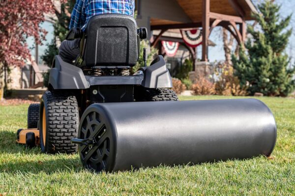 4F5E0F8C-3A0E-B532-3A7F-921A541BCF11.jpg Agri-Fab 45-0604 18" x 48" Tow Behind Poly Lawn Roller 550 lbs Weight with Water. Poly Drum and Steel Frame. with Plug. Designed for Lawn and Garden Tractors