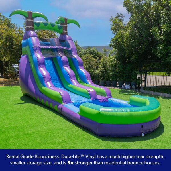 4acf50eac7354e06932e4dbaa17e31e7 16’ Purple Tropical Lightweight Premium Commercial Grade Water Slide Inflatable with Attached Pool for Kids and Adults (with Blower), Wet Dry Use, Summer Fun