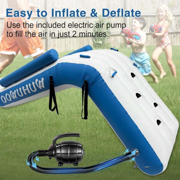 5032C8A8-F464-FED4-64FD-4BFA7ED0EAB0.jpg Pontoon Waterfall Slide. Inflatable Pontoon Boat Water Slide for Kids Backyard Pool Sea. Electric Air Pump & Storage Bag