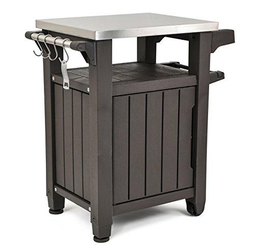 Unity Portable Outdoor Table and Storage Cabinet with Hooks for Grill Accessories-Stainless Steel Top for Patio Kitchen Island or Bar Cart. Espresso Brown