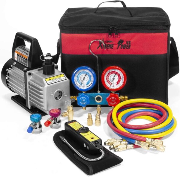 53F8B1DF-14B2-5066-A532-C583594BD0CE.jpg Premium 4CFM Air Vacuum Pump HVAC A/C Refrigeration Kit AC Manifold Gauge Case Set R134a Tap w/Leak Detector and Carrying Tote Bag
