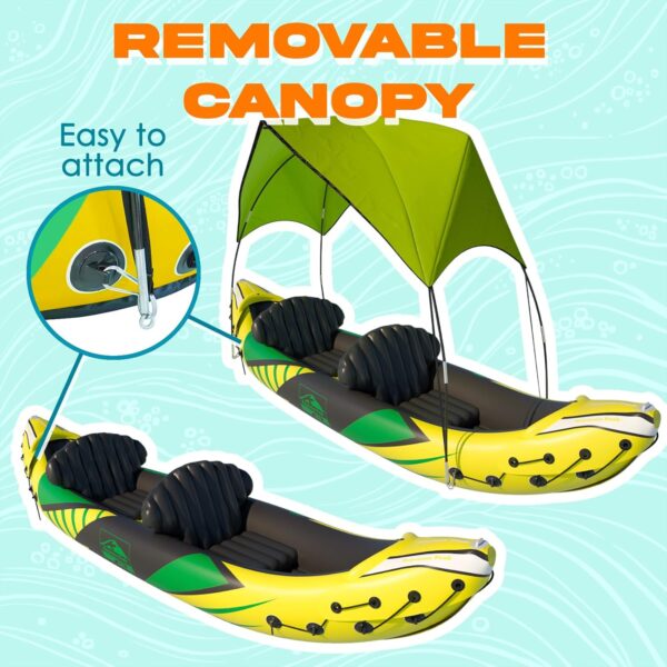 54A1B9B8-CE1B-E031-A2BC-266DFEDEAF30.jpg KP Inflatable Kayak 2 Person with Sun Canopy (Detachable) + Kayaks for Adults + 3rd Seat for Dog/Child + Waterproof Phone Bags + Adjustable Seats + Kayak + Backrests & More + New 2024 + Yellow Green