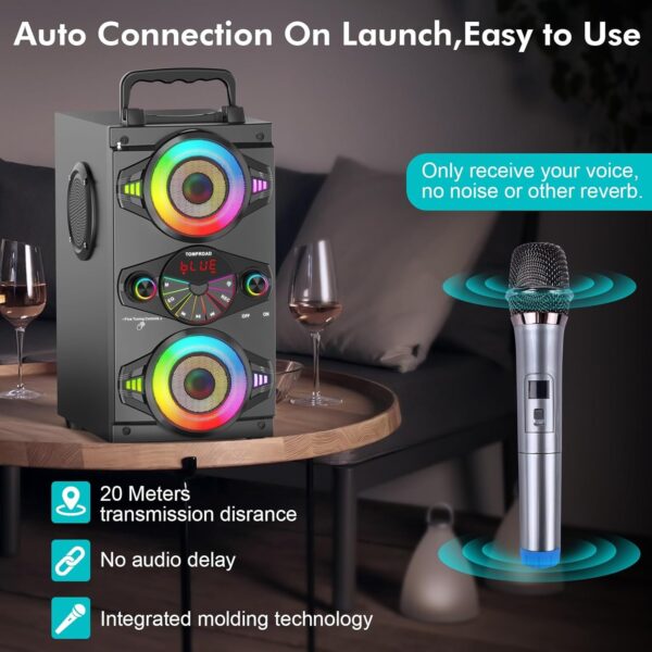 59C25F0D-AEFC-A9F5-C2A6-BD4DDA6584AB.jpg Speakers. 60W Portable Wireless Loud Outdoor Home Party Bluetooth Speaker with Subwoofer. FM Radio. LED Colorful Lights. Microphone. Remote and Big Powerful Stereo Deep Bass Sound Boombox