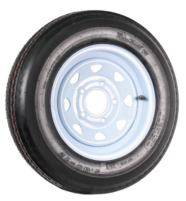 5A87813F-A5B8-1491-3E2A-4A6582B612B3.jpg Two Trailer Tires On Rims 5.30-12 530-12 5.30 X 12 5 Hole Wheel White Spoke