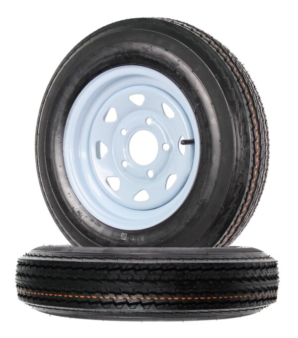 5BE5ACC5-6CAD-DFA1-8C96-7C4CA3B239D6.jpg Two Trailer Tires On Rims 5.30-12 530-12 5.30 X 12 5 Hole Wheel White Spoke