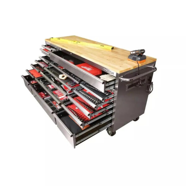 619c18dd892c48c8a77be611aae12bfa 72 in 18-Drawer 24 in. D Mobile Workbench with Solid Wood Top Stainless Steel