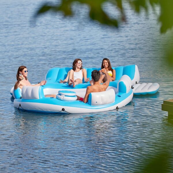 621A3DDD-B3FF-954F-DBD1-4B02EE5542D5.jpg 56299EP 145 x 125 x 20 Inch Splash N Chill Inflatable Lake and Pool Relaxation Island Lounger Seat for up to 7 Adults. Blue and White