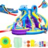 11-in-1 Inflatable Water Slide & Dolphin Bounce House w/2 Long Slides. 19.7 Ft x 13.1 Ft Extra Large Waterslide Climbing Wall w/Small Deeper Pool.Water Cannons.Hoop for Kids Backyard.550W Blower