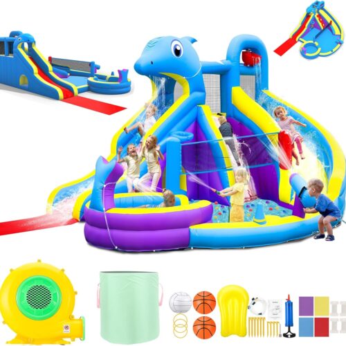 11-in-1 Inflatable Water Slide & Dolphin Bounce House w/2 Long Slides. 19.7 Ft x 13.1 Ft Extra Large Waterslide Climbing Wall w/Small Deeper Pool.Water Cannons.Hoop for Kids Backyard.550W Blower