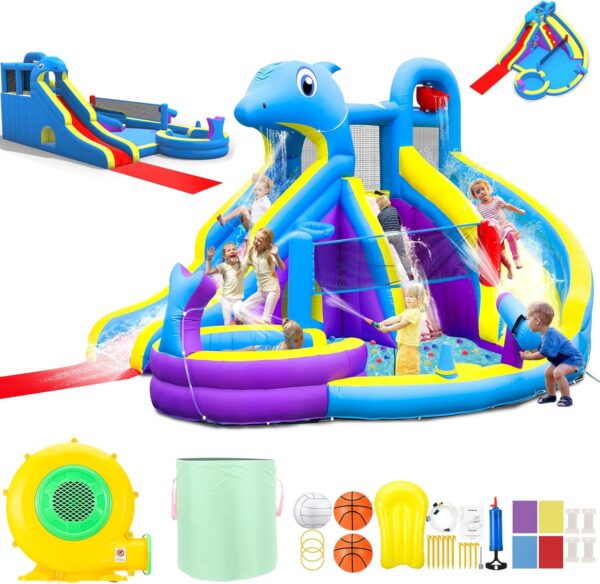 631BBF49-2A1B-8FB0-47C0-9D20F0C2F498.jpg 11-in-1 Inflatable Water Slide & Dolphin Bounce House w/2 Long Slides. 19.7 Ft x 13.1 Ft Extra Large Waterslide Climbing Wall w/Small Deeper Pool.Water Cannons.Hoop for Kids Backyard.550W Blower