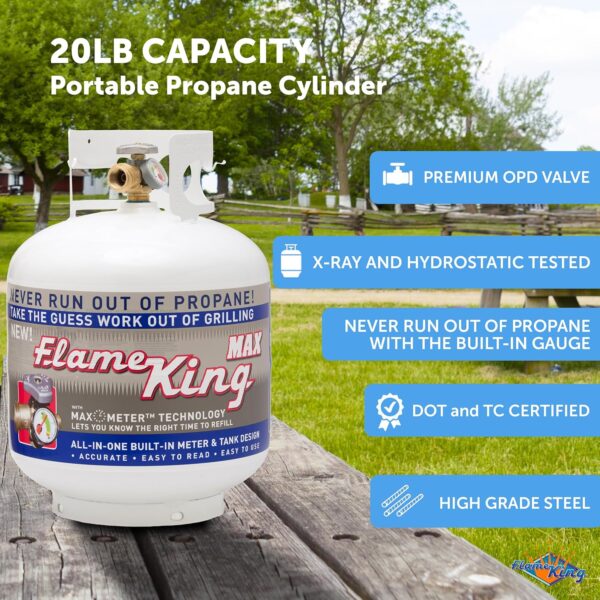 644164E5-E8F3-DB68-9B97-9A9EFD165692.jpg Pound Steel Propane Tank Cylinder with OPD Valve and Built-in Gauge. 20 lb Vertical-Flame King